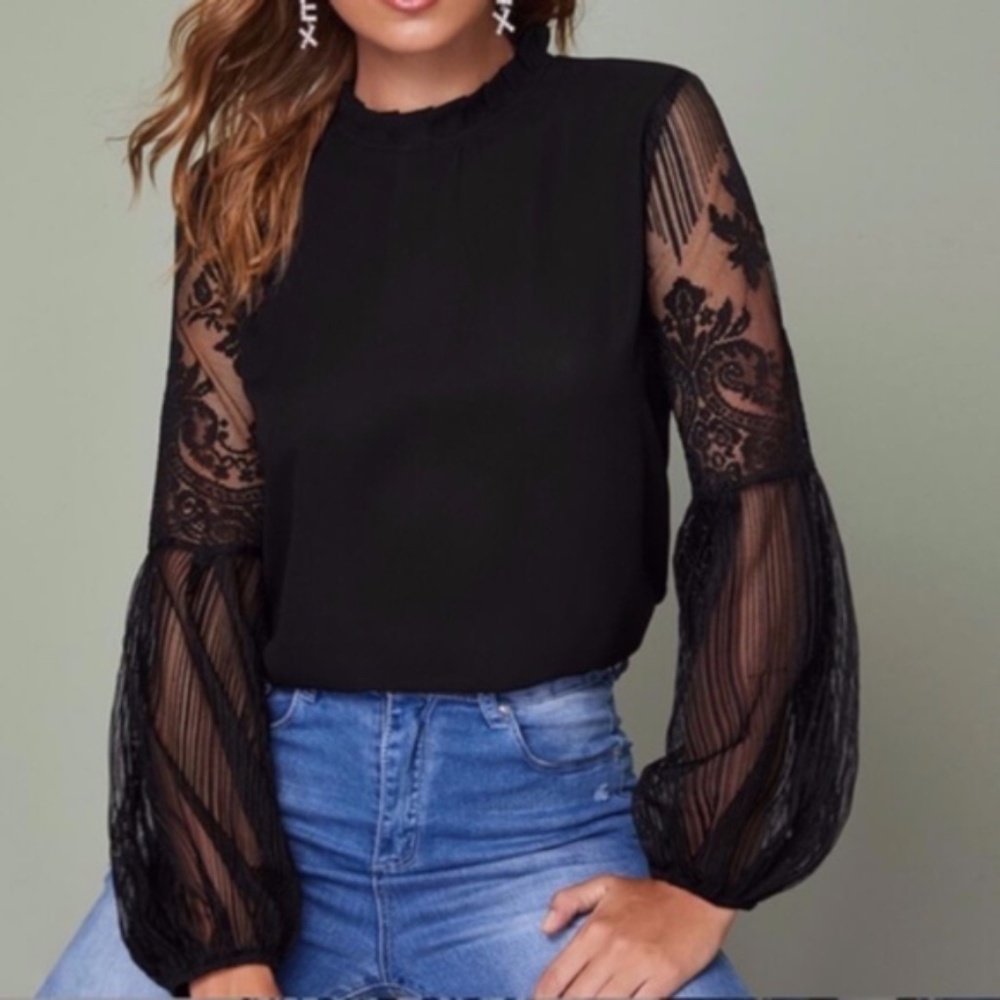 black mock neck lace sheer sleeve boho top - Picture 1 of 12